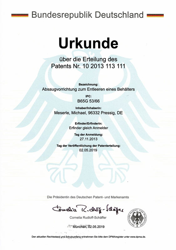 Patent Absaugvorrichtung M Systems Kunststoffgranulat